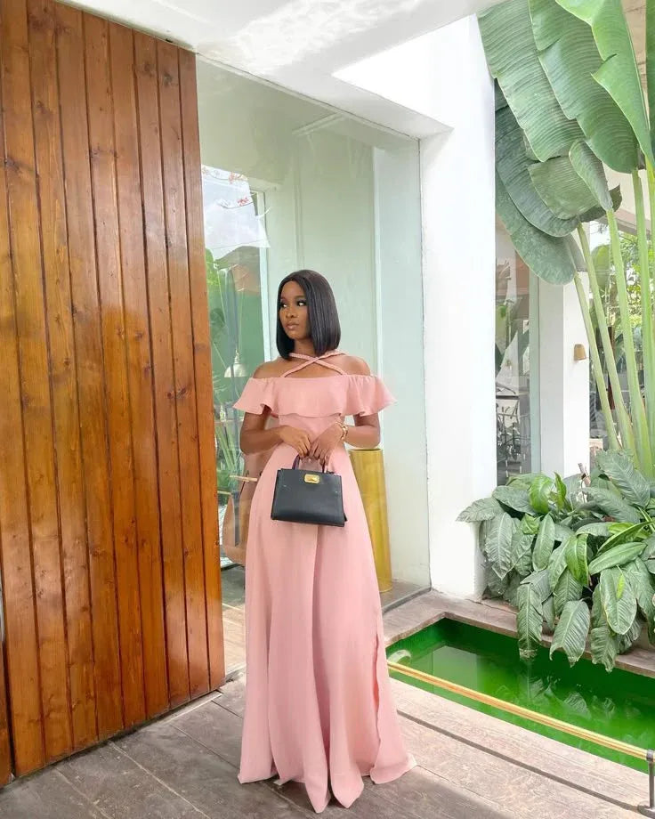 Affordable A-Line Off the Shoulder Sleeveless Chiffon Ruffles Floor-Length Prom Dress