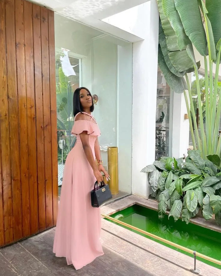 Affordable A-Line Off the Shoulder Sleeveless Chiffon Ruffles Floor-Length Prom Dress