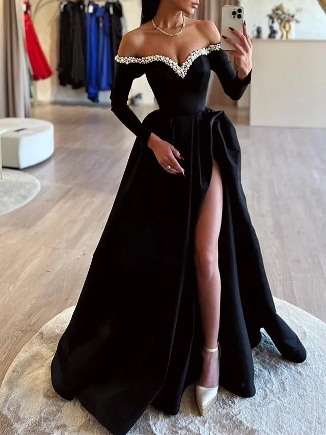 Ball Gown Off-Shoulder Long Sleeves Pearl Black Floor Length Prom Dress