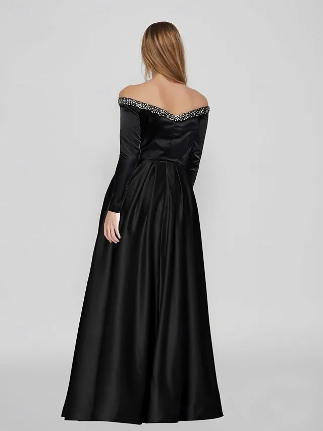 Ball Gown Off-Shoulder Long Sleeves Pearl Black Floor Length Prom Dress