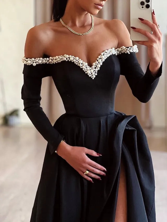 Ball Gown Off-Shoulder Long Sleeves Pearl Black Floor Length Prom Dress