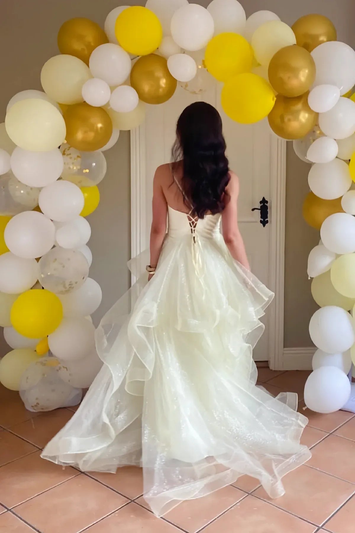 Beautiful A-Line V-Neck Sleeveless Tulle Tiered Floor-Length Prom Dress