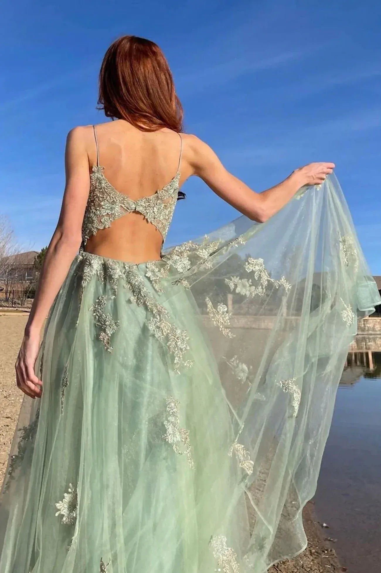 Beautiful A-Line V Neck Sleeveless Backless Floor-Length Prom Dress