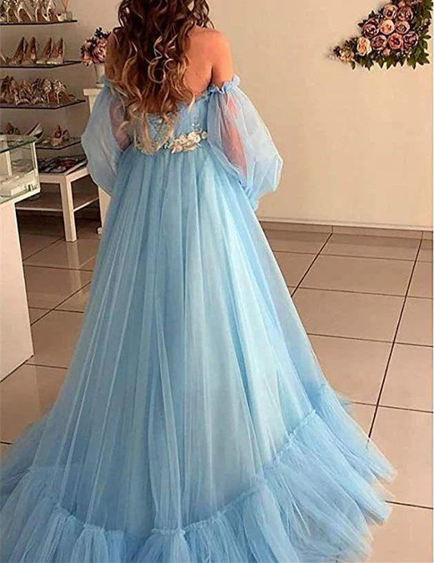 Tulle Off the Shoulder Prom Dresses Long Sleeve Quinceanera Dresses