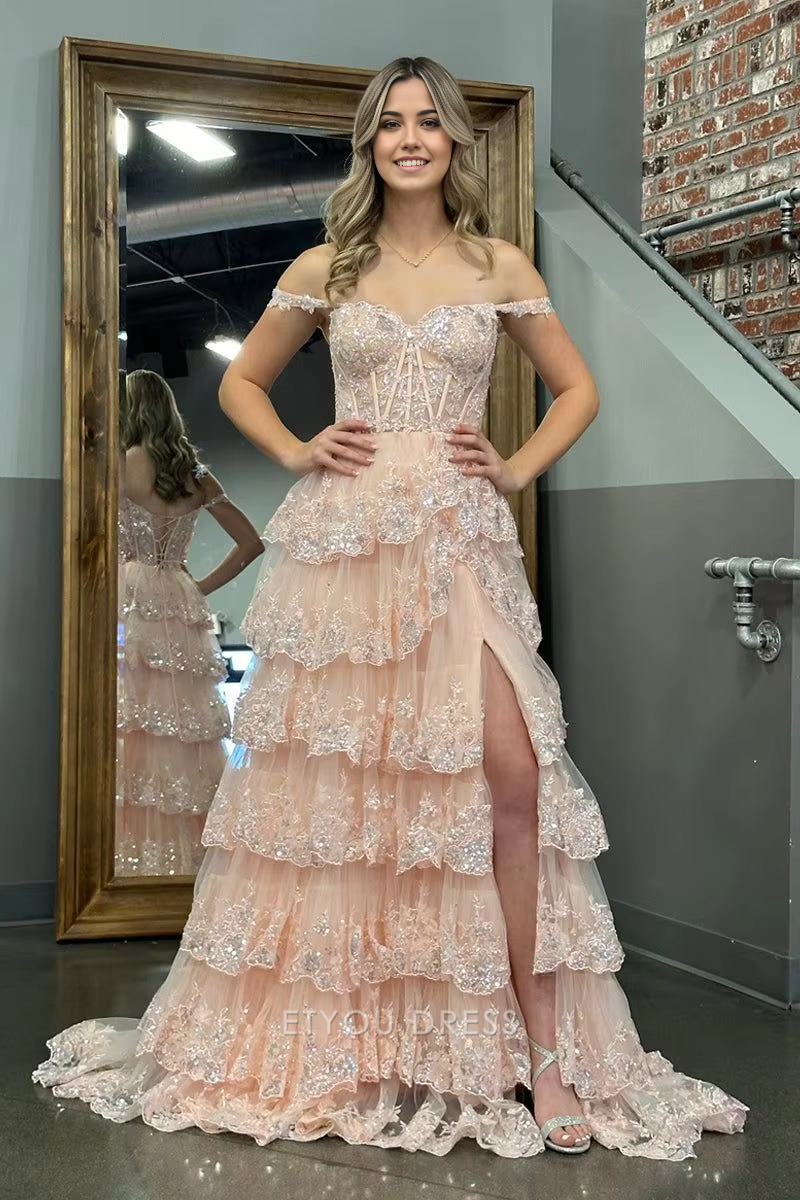 A Line Long Off the Shoulder Sweetheart Sleeveless Tiered Ruffles Tulle formal dresses Bridesmaid Dresses evening gown Prom Dress With Split