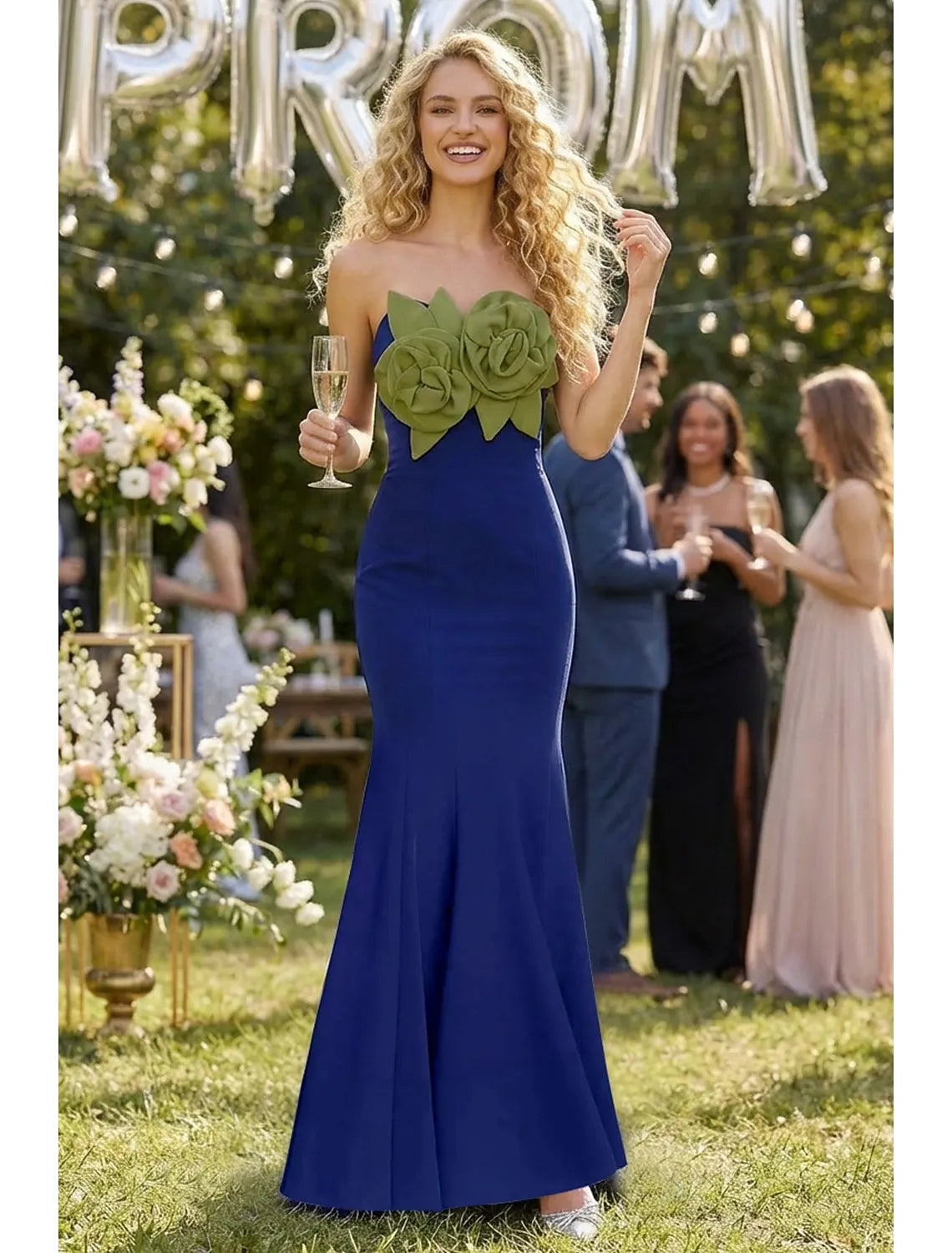 Bold Mermaid Strapless 3D Floral Royal Blue Floor Length Prom Dress