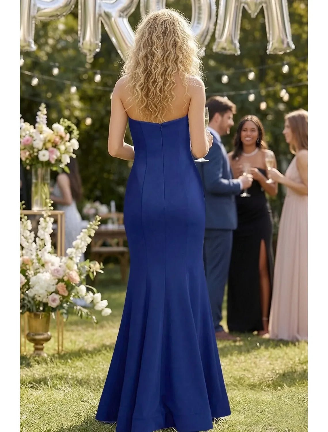 Bold Mermaid Strapless 3D Floral Royal Blue Floor Length Prom Dress