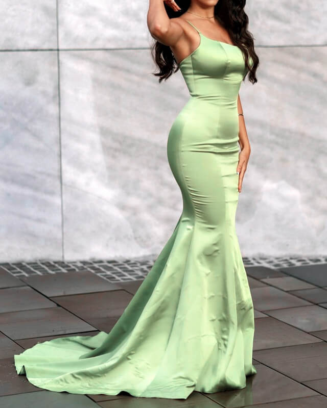 Mermaid Spaghetti Strap Satin Prom Dresses with Train