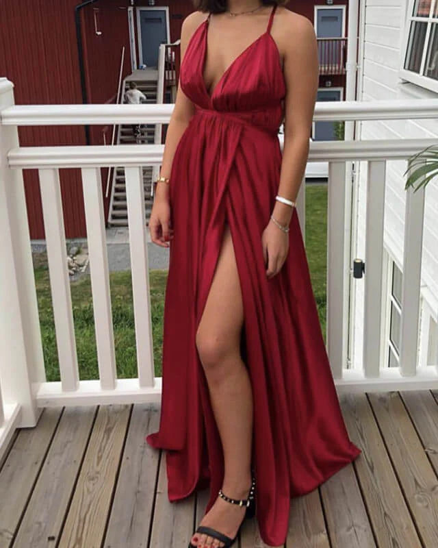 Mermaid Sexy Plunging Neckline Satin Open Back Slit Dress Prom Dresses