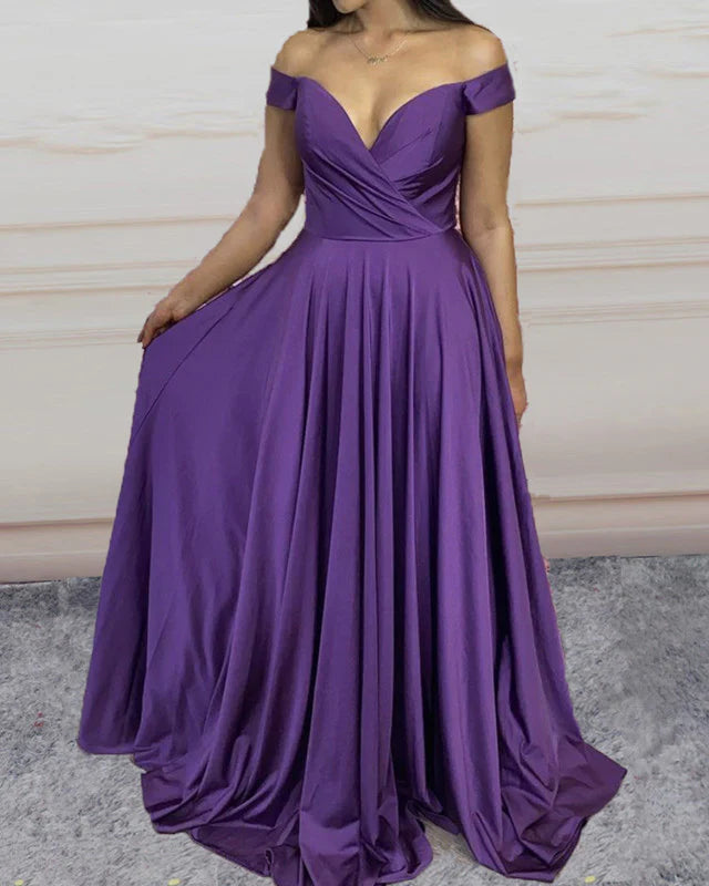 A-line Off The Shoulder Ruched Satin Long Bridesmaid Dresses Prom Dresses