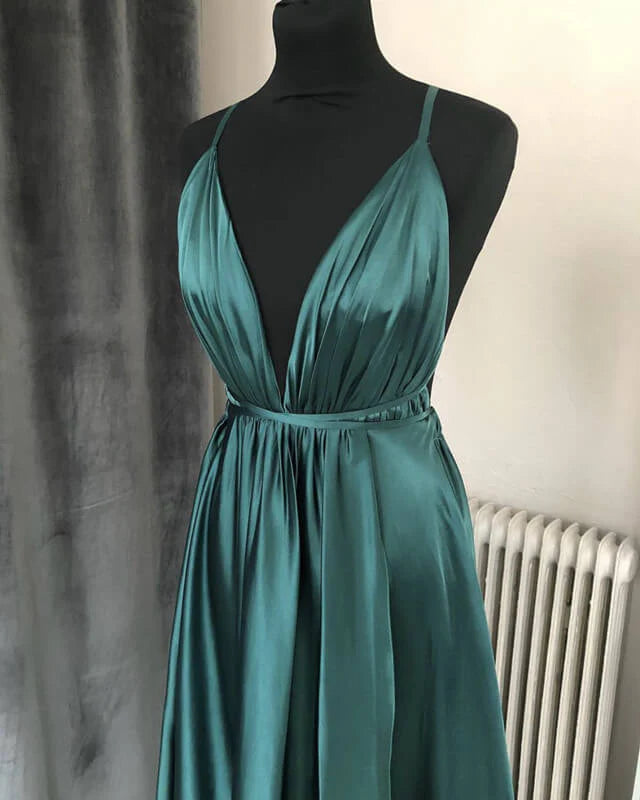 Mermaid Sexy Plunging Neckline Satin Open Back Slit Dress Prom Dresses