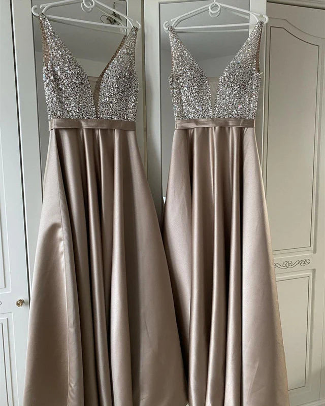 A-line Plunge Neck Beaded Satin Prom Dresses