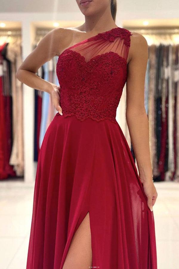Chiffon One Shoulder Lace Long Prom Dress Formal Dress