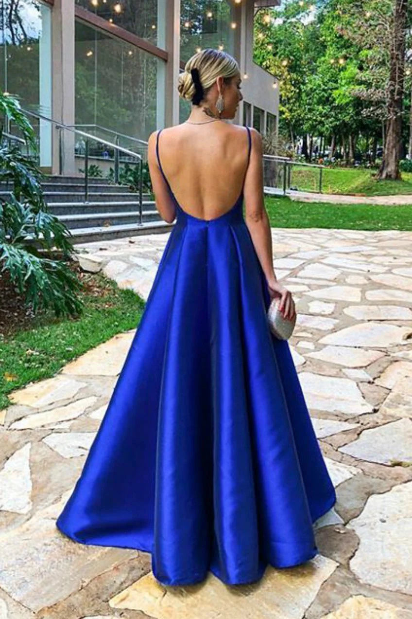 Charming A-Line Deep V-neck Sleeveless Low Back Floor-Length Prom Dress
