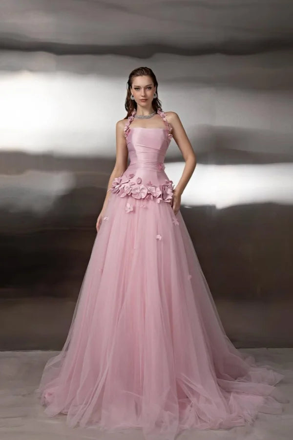 Charming A-Line Halter Neck Sleeveless Tulle Sweep/Brush Train Prom Dress