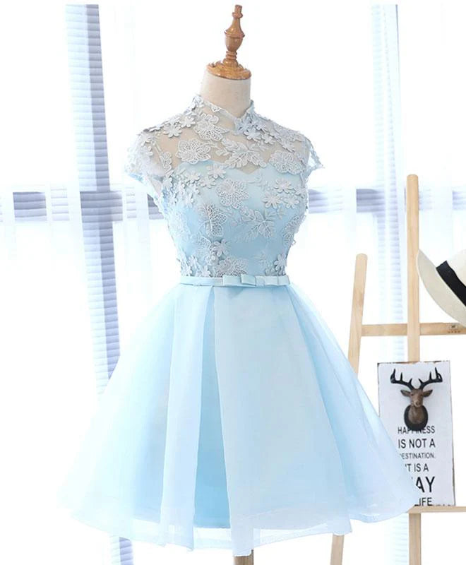 Charming A-Line High Neck Sky Blue Knee-Length Homecoming Dress