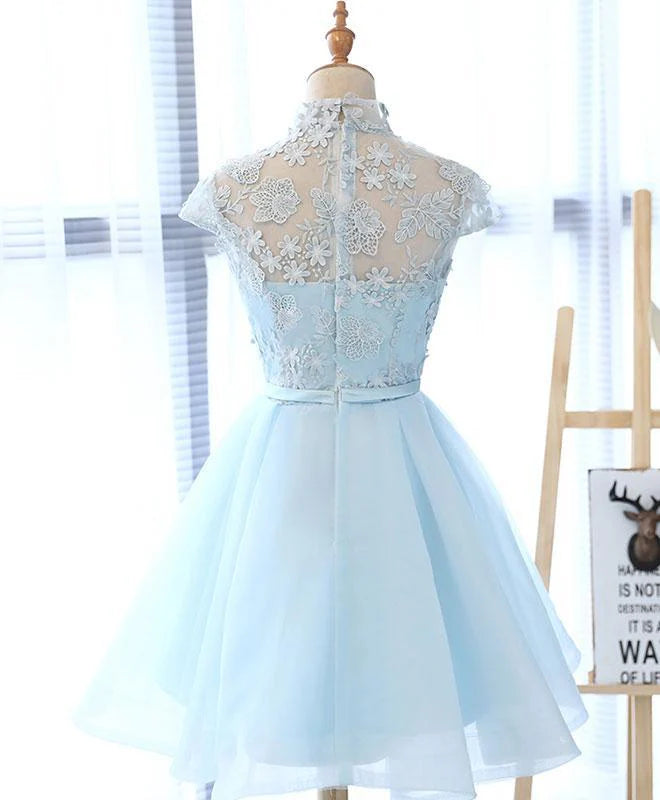 Charming A-Line High Neck Sky Blue Knee-Length Homecoming Dress
