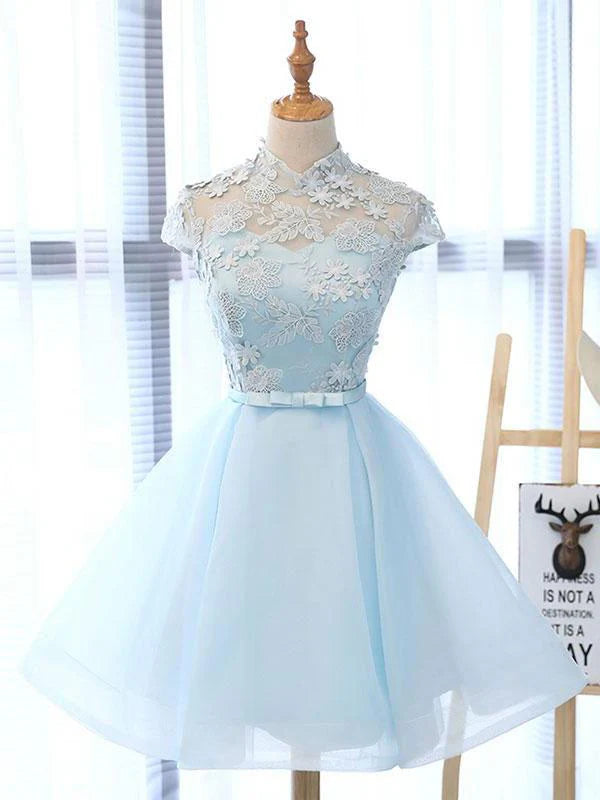 Charming A-Line High Neck Sky Blue Knee-Length Homecoming Dress