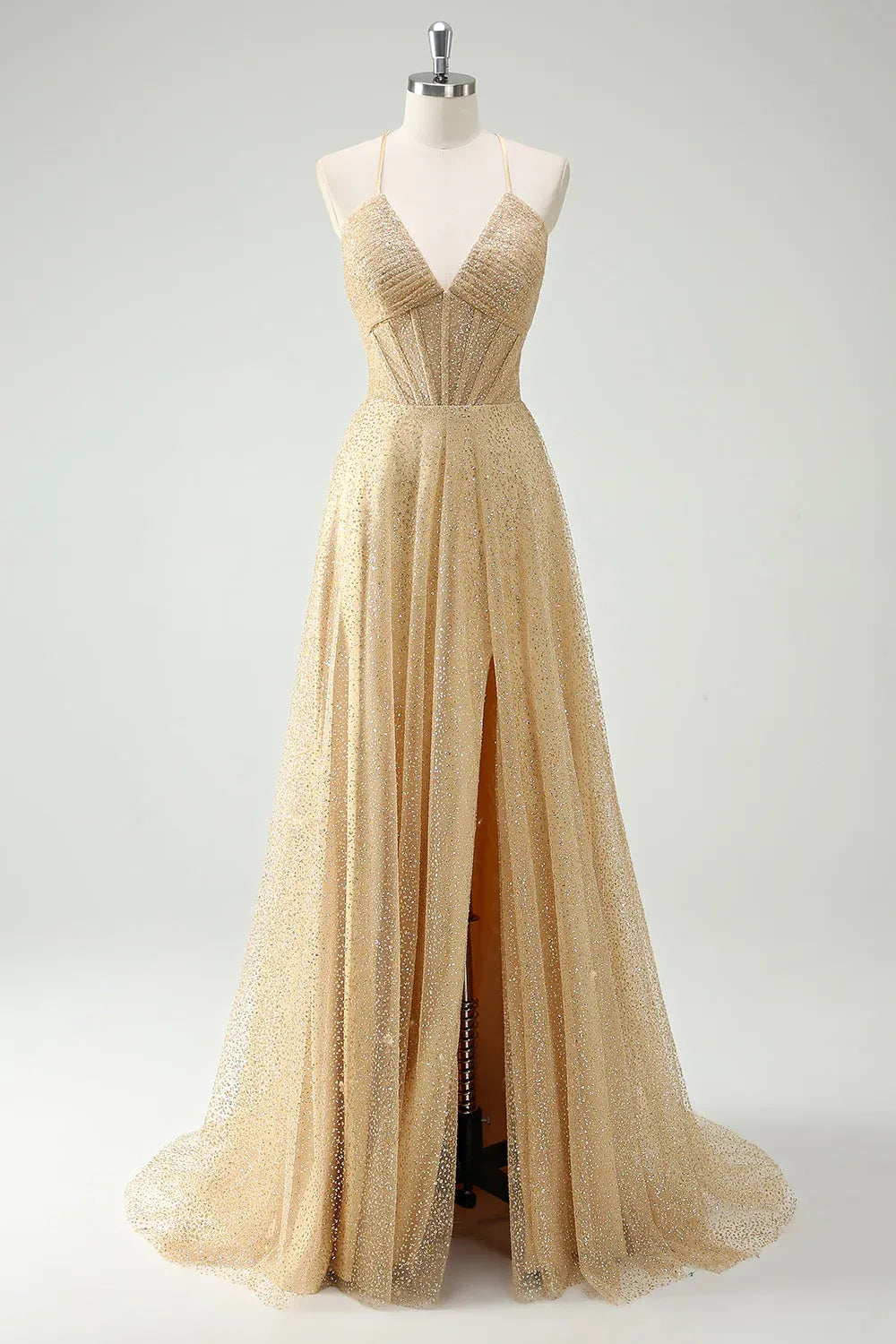 Charming A-Line Spaghetti Strap Pleated Sequin Tulle Gold Maxi Prom Dress With Slit