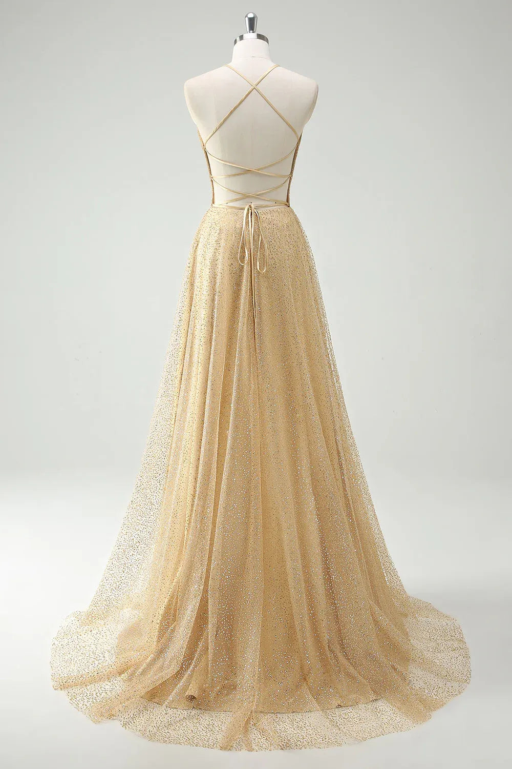 Charming A-Line Spaghetti Strap Pleated Sequin Tulle Gold Maxi Prom Dress With Slit