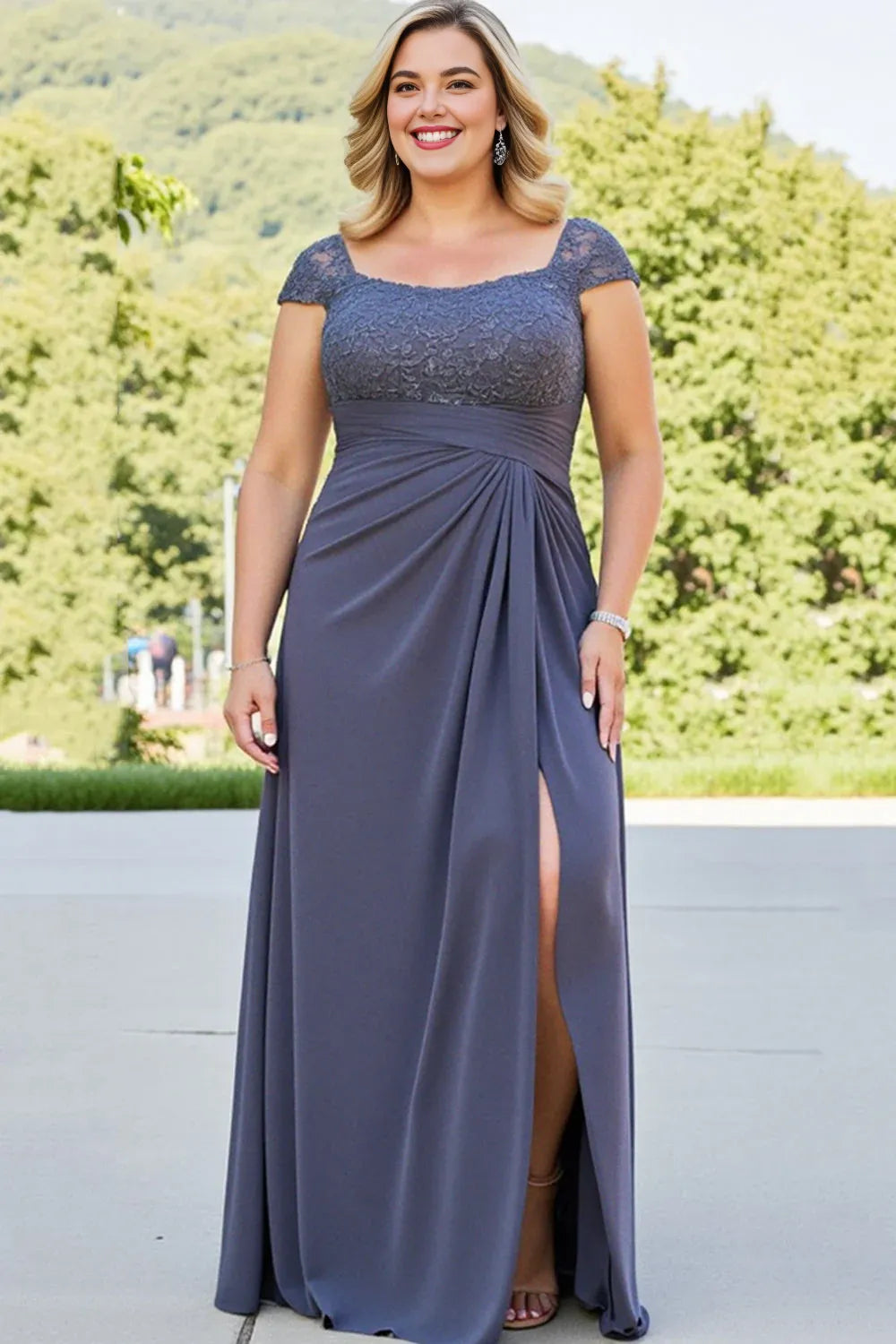 Charming A-Line Square Neck Cap Sleeve U Back Floor-Length Plus Size Mother of the Bride Dress