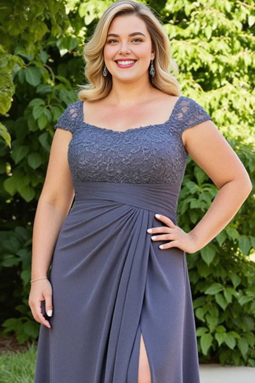 Charming A-Line Square Neck Cap Sleeve U Back Floor-Length Plus Size Mother of the Bride Dress