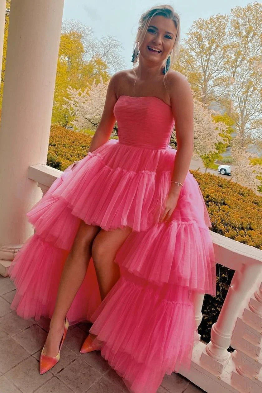 Charming A-Line Strapless Sleeveless Lace Up High-Low Hem Prom Dress