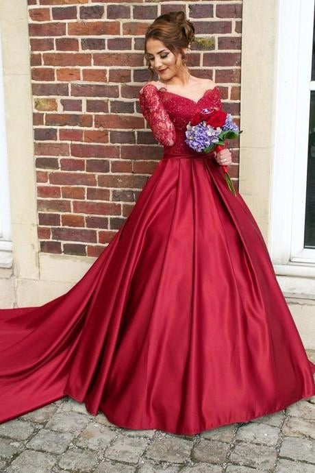 Charming A-Line V Neck Long Sleeve Sheer Back Sweep/Brush Train Prom Dress
