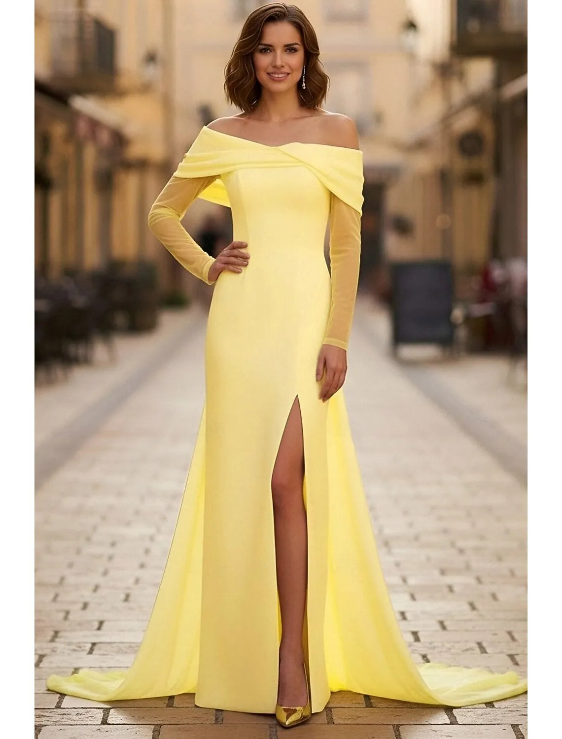 Charming Mermaid Off Shoulder Sheer Sleeves Slit Lemon Prom Dress With Train