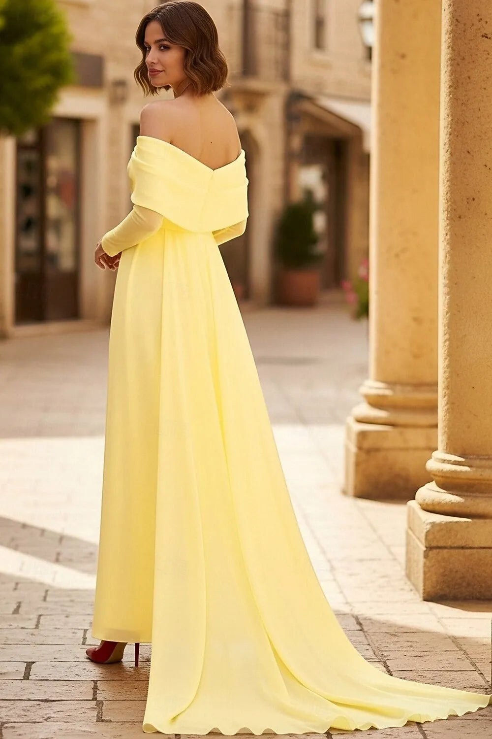 Charming Mermaid Off Shoulder Sheer Sleeves Slit Lemon Prom Dress With Train