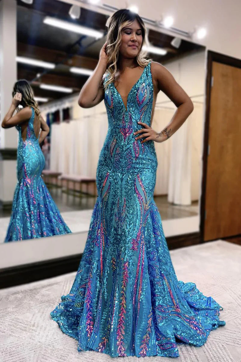 Charming Mermaid V Neck Blue Sequin Lace Long Prom Dresses