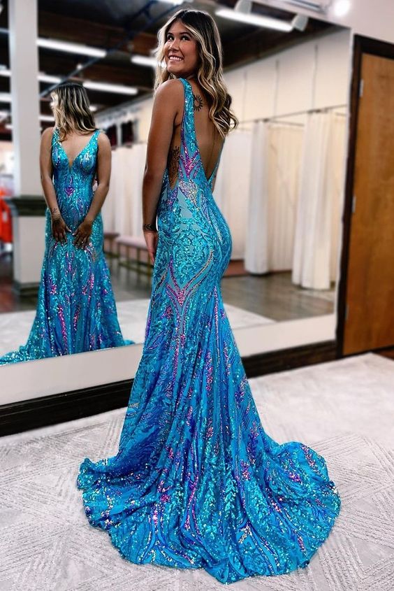 Charming Mermaid V Neck Blue Sequin Lace Long Prom Dresses