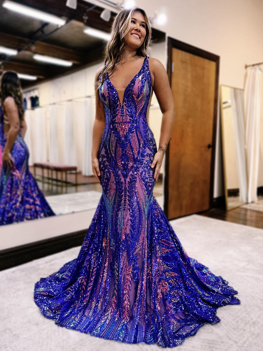 Charming Mermaid V Neck Blue Sequin Lace Long Prom Dresses