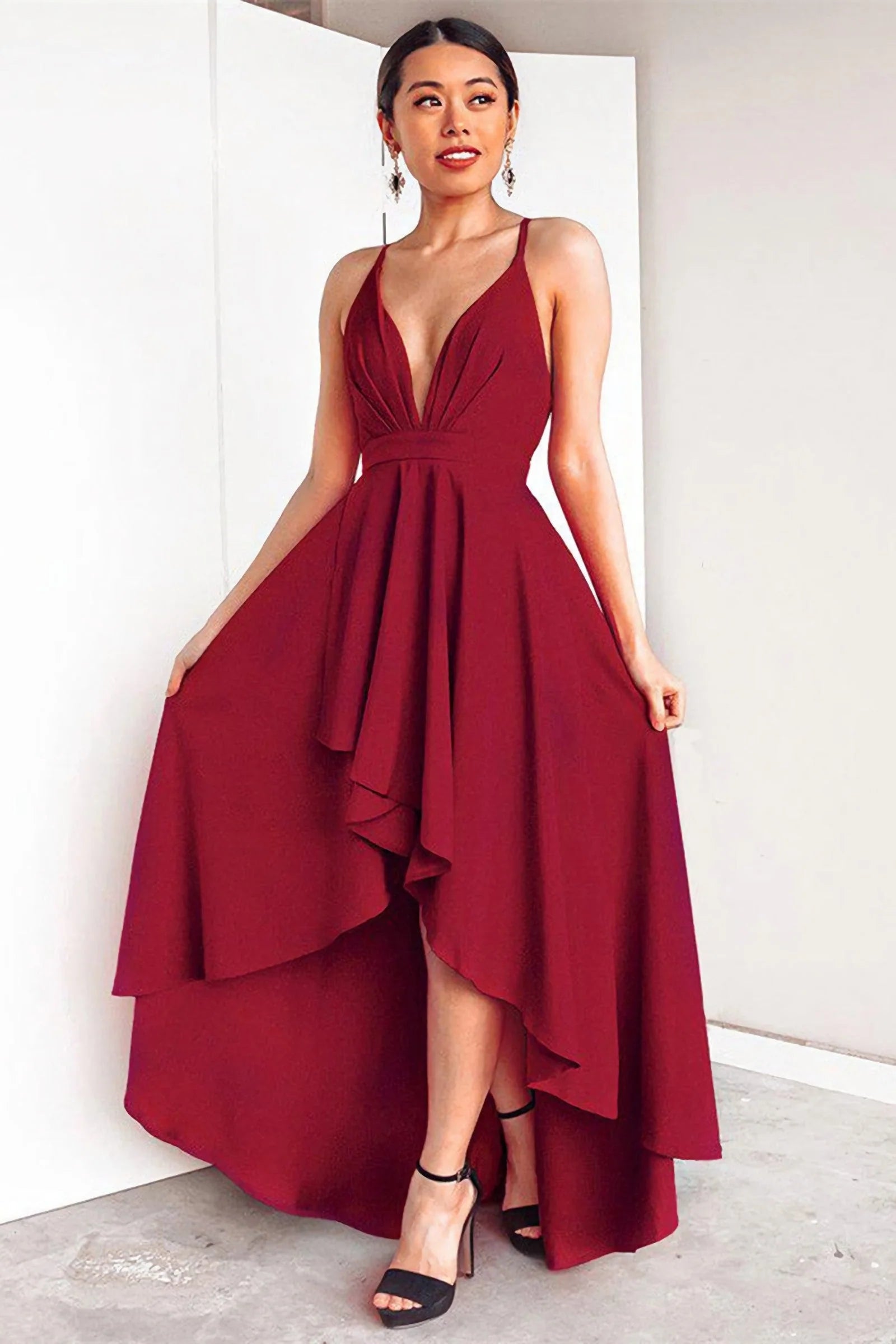 Chic A-Line Spaghetti Strap High-Low Burgundy Prom Dress