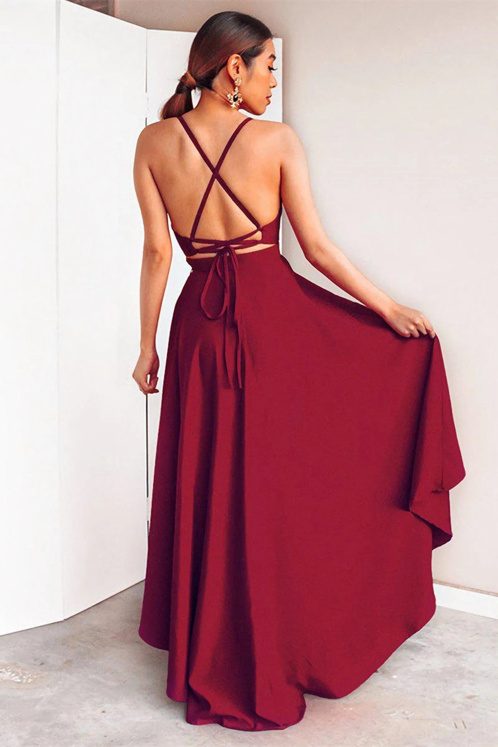 Chic A-Line Spaghetti Strap High-Low Burgundy Prom Dress