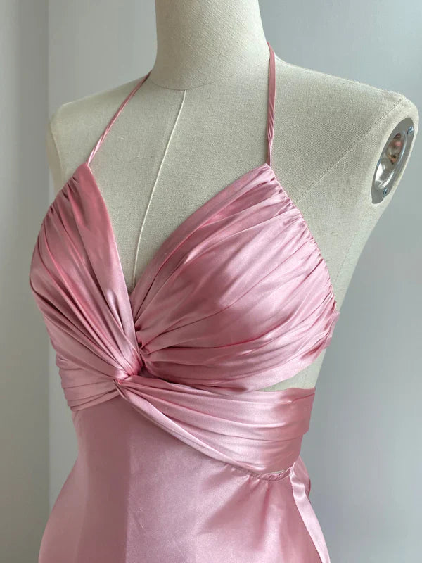 Chic Halter V-Neck Sleeveless Twisted Satin Blush Pink Party Dresses