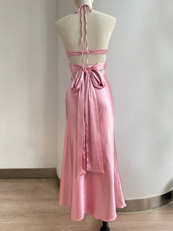 Chic Halter V-Neck Sleeveless Twisted Satin Blush Pink Party Dresses