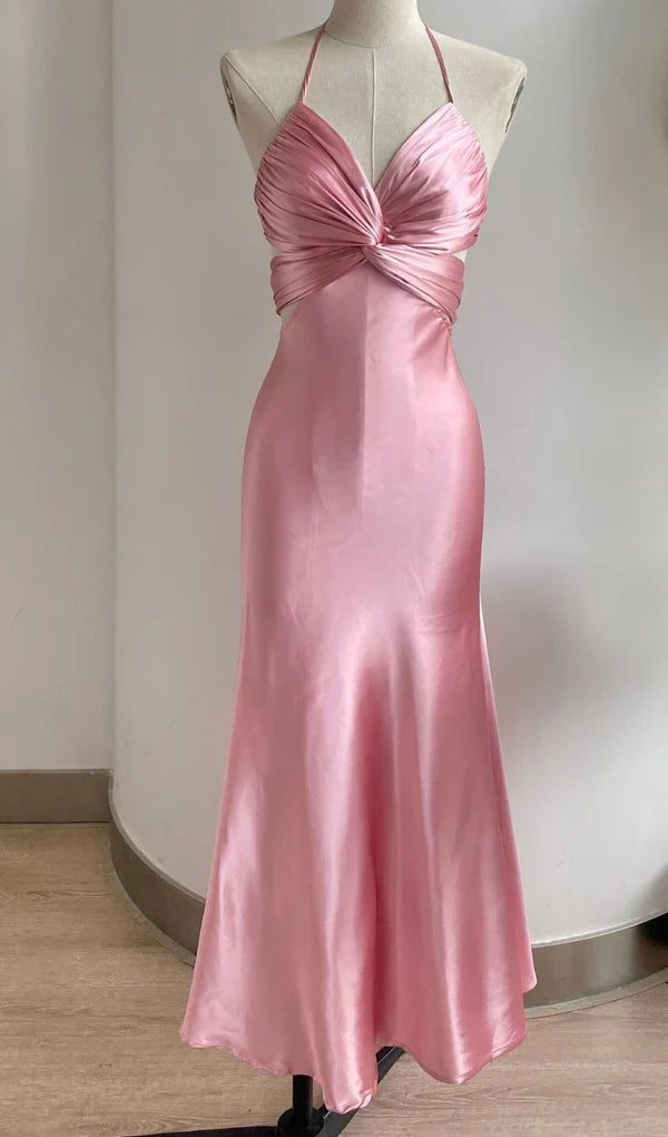 Chic Halter V-Neck Sleeveless Twisted Satin Blush Pink Party Dresses