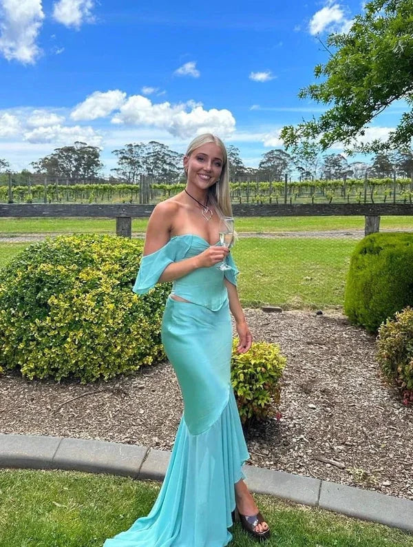 Chic Mermaid Off-the-Shoulder Short-Sleeve Cutout Mint Green Party Dresses