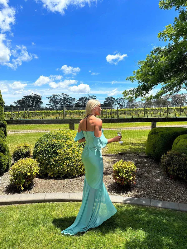 Chic Mermaid Off-the-Shoulder Short-Sleeve Cutout Mint Green Party Dresses