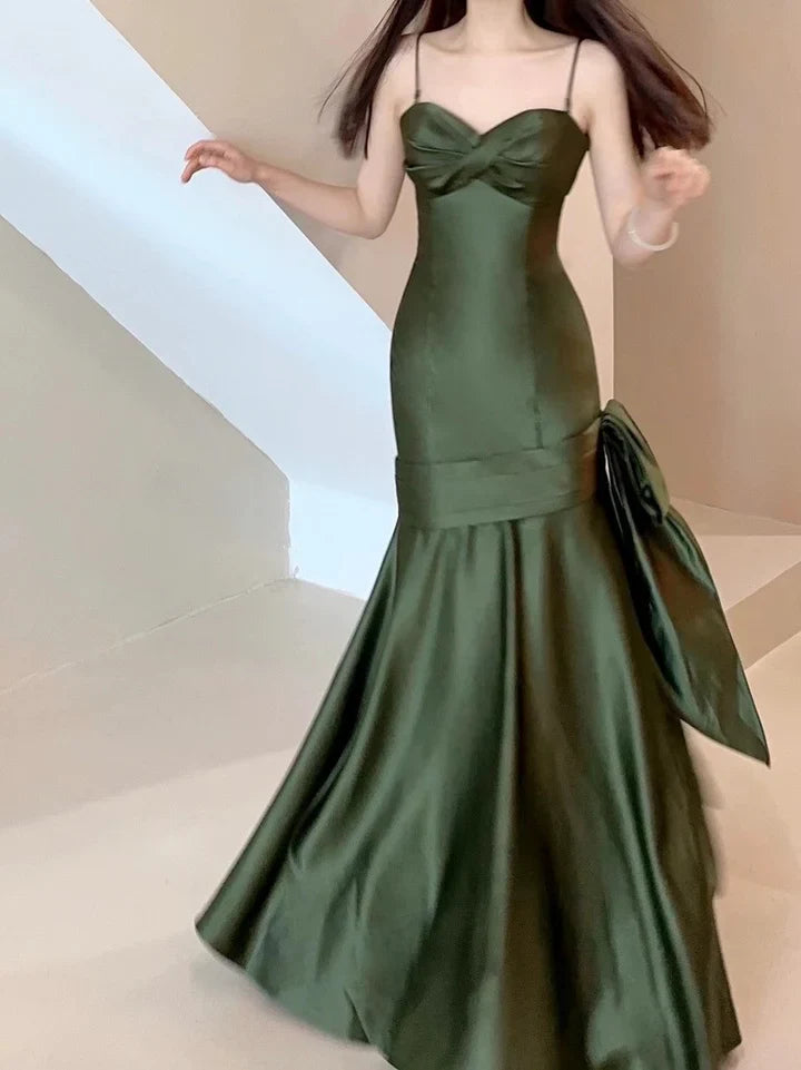 Chic Mermaid Sweetheart-Neck Bow-Embellished Olive Green Long Party Dresses