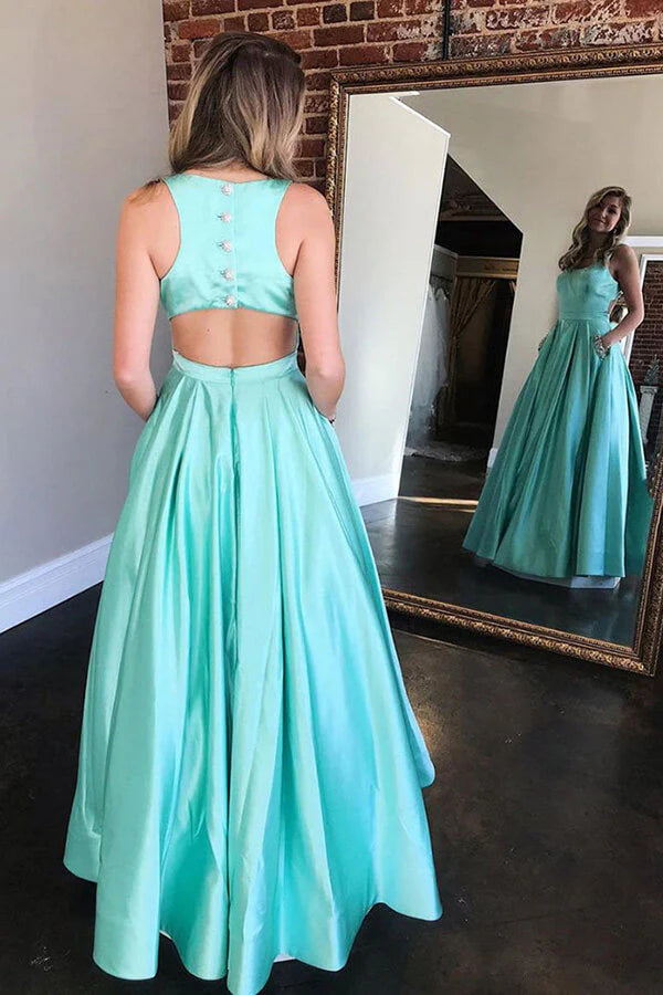 Chic Scoop Neck Sleeveless Cutout Mint Floor-Length Prom Dress