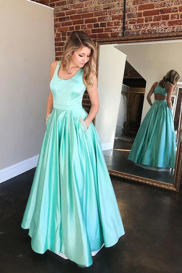 Chic Scoop Neck Sleeveless Cutout Mint Floor-Length Prom Dress