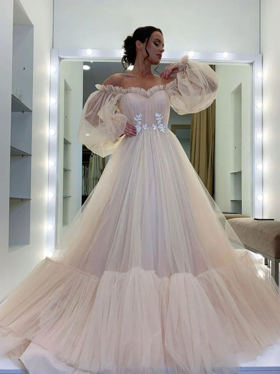 Classic A-Line Off the Shoulder Long Sleeve Backless Floor-Length Prom Dress