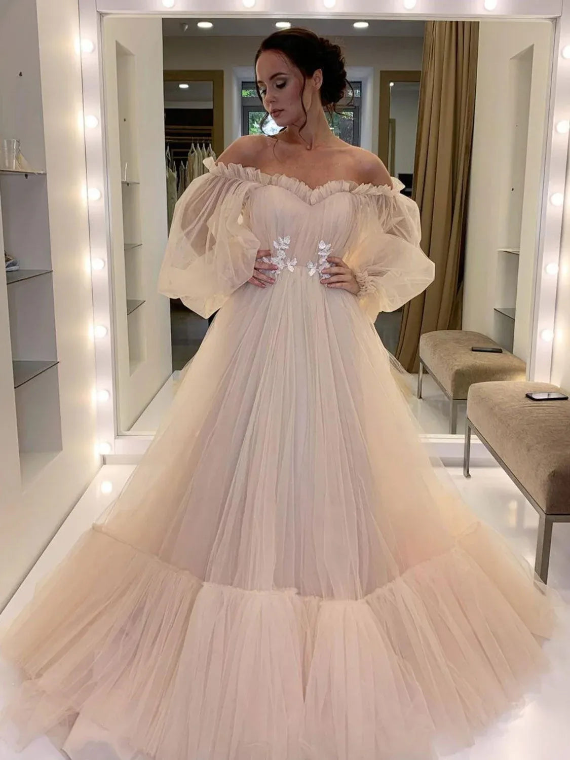 Classic A-Line Off the Shoulder Long Sleeve Backless Floor-Length Prom Dress
