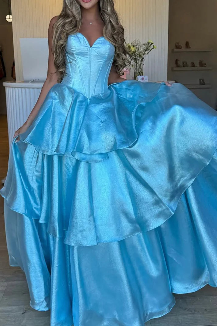 Classic A-Line Strapless Solid Color Light Blue Ruffle Sleeveless Tiered Floor-Length Long Prom Dresses