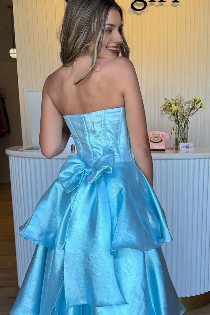 Classic A-Line Strapless Solid Color Light Blue Ruffle Sleeveless Tiered Floor-Length Long Prom Dresses
