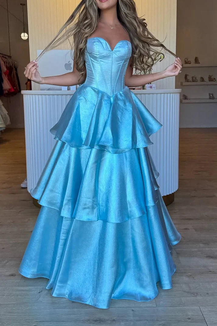 Classic A-Line Strapless Solid Color Light Blue Ruffle Sleeveless Tiered Floor-Length Long Prom Dresses