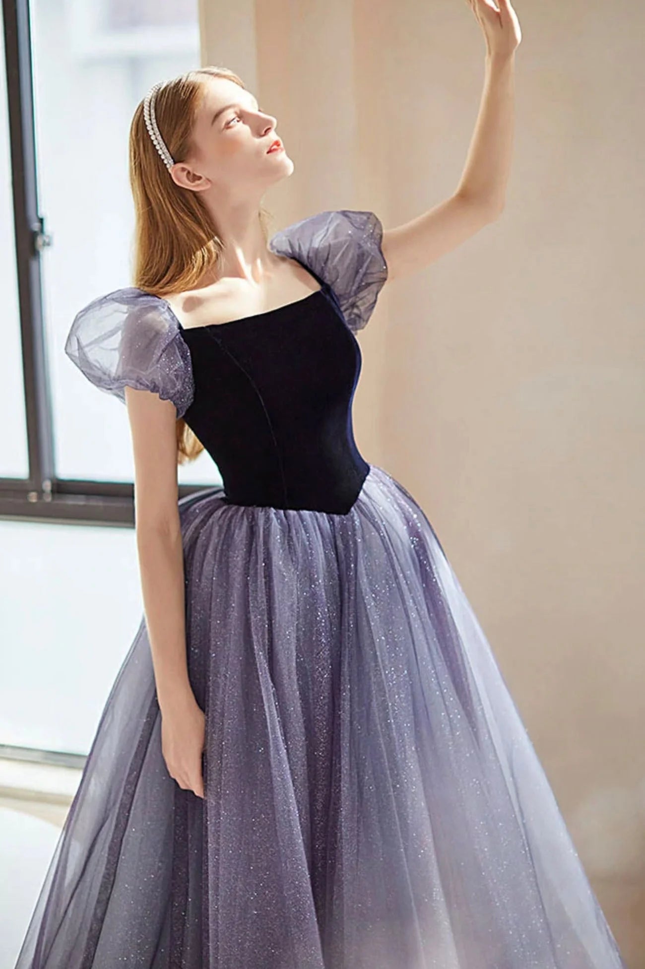 Cute A-Line Square Neck Short Sleeve Lace Up Floor-Length Prom Dress