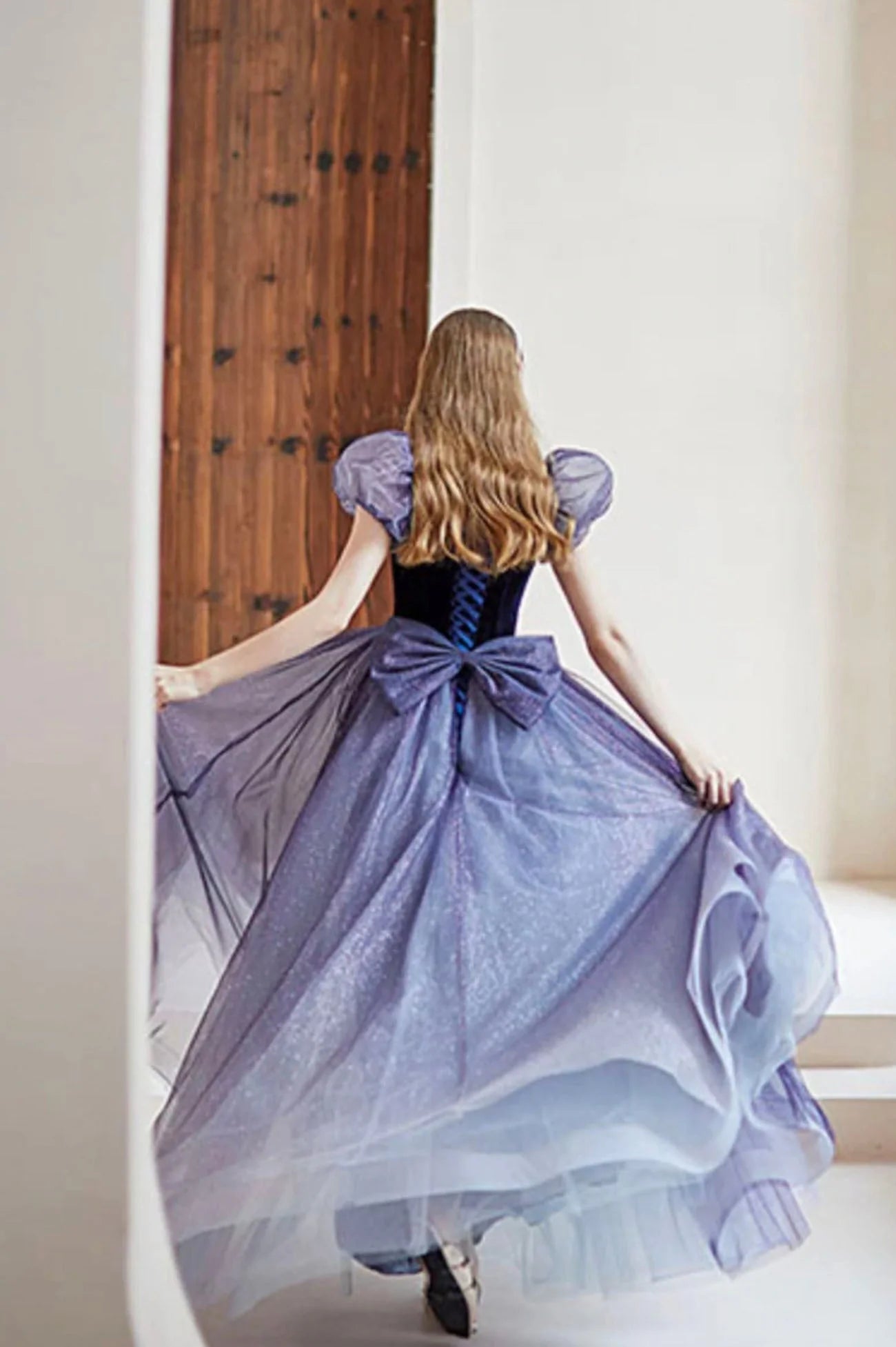 Cute A-Line Square Neck Short Sleeve Lace Up Floor-Length Prom Dress